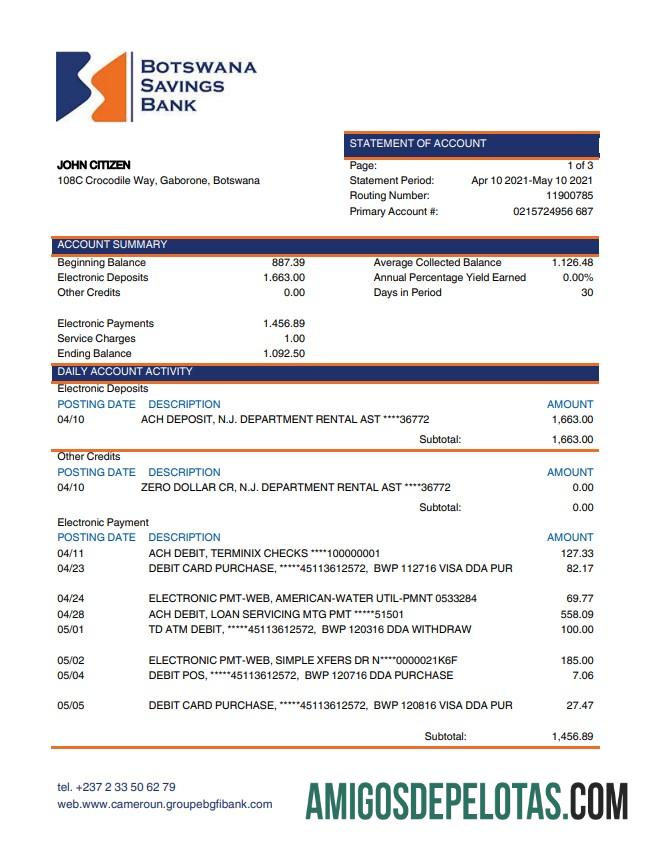 Exemplo de extrato do Banco de Poupança do Botswana